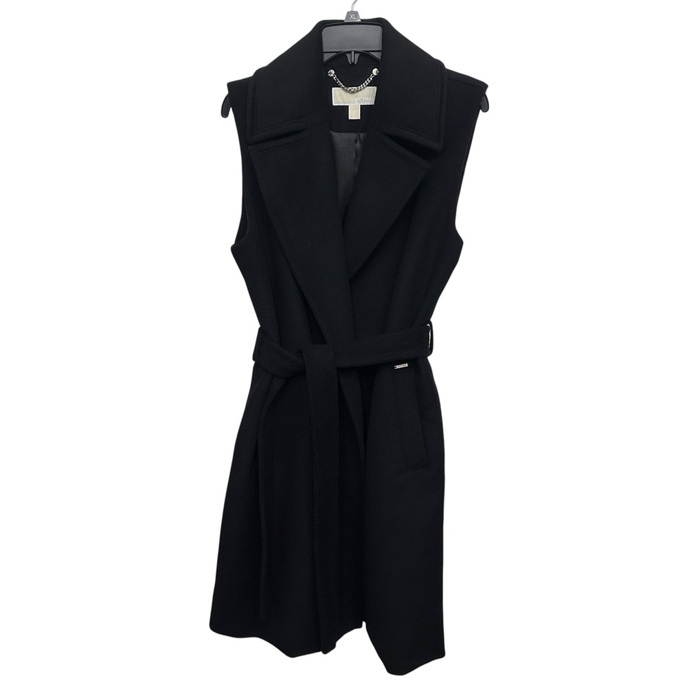 Michael Kors Sleeveless Belted Wool Blend Wrap Coat Black Women's Sz Large
